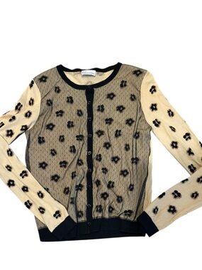 Red Valentino tan black lace cardigan button up sweater